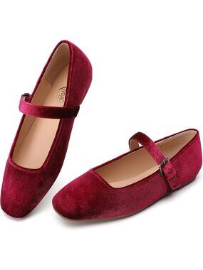 Women's Velvet Burgundy Comfortable Ankle Strap Square Toe Mary Jane Ballet Flat